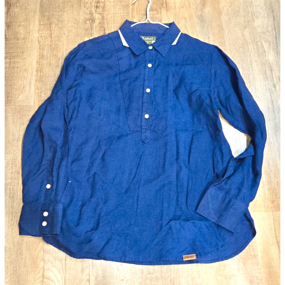 Ariat Women's Navy Solid Woven Long Sleeve Collared Button Blouse Size M